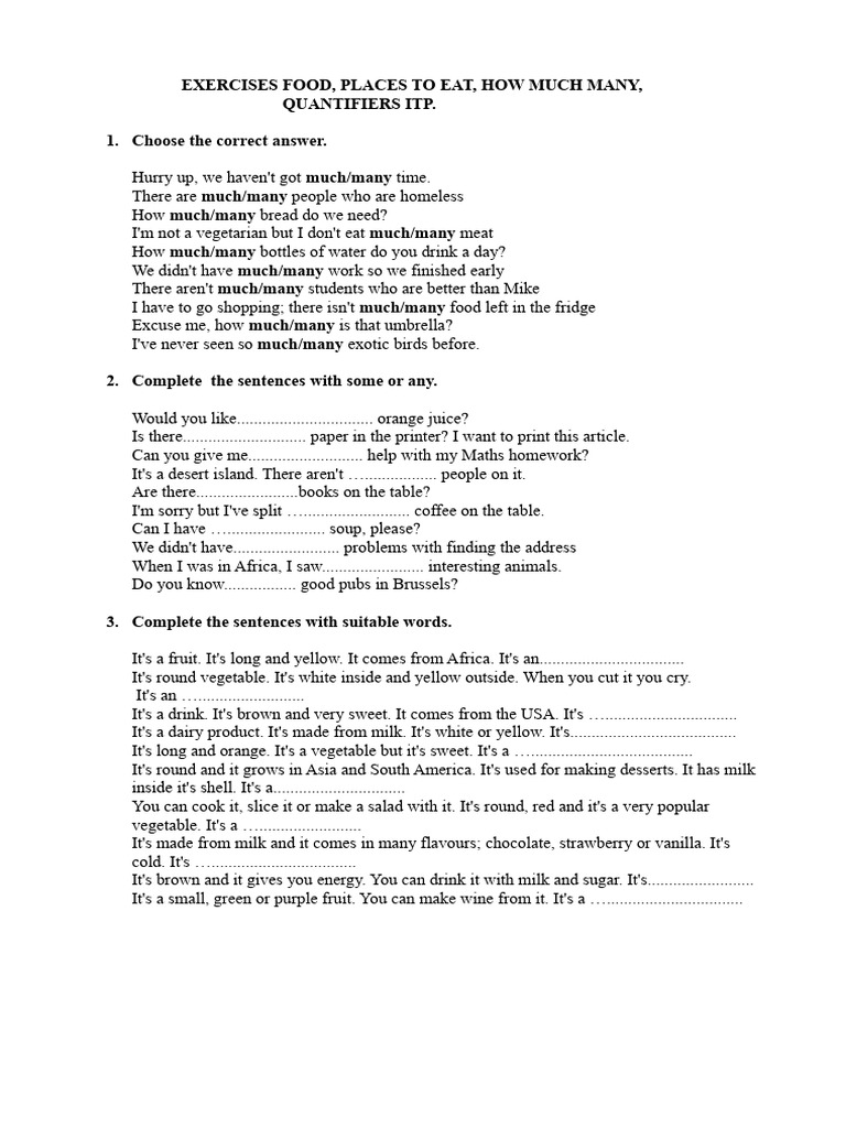 Quantifiers and Food Vocabulary Exercises | PDF | Foods | Cooking