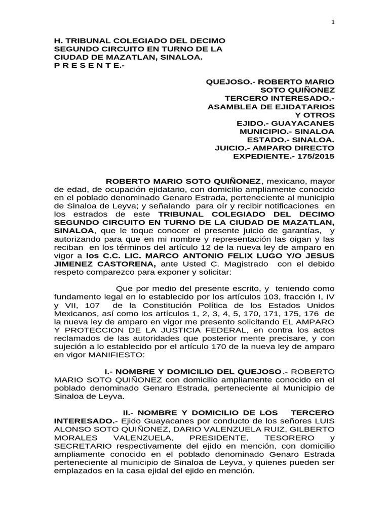 Amparo Directo Ejido Guayacanes Sinaloa | PDF | Caso de ley | Derecho ...