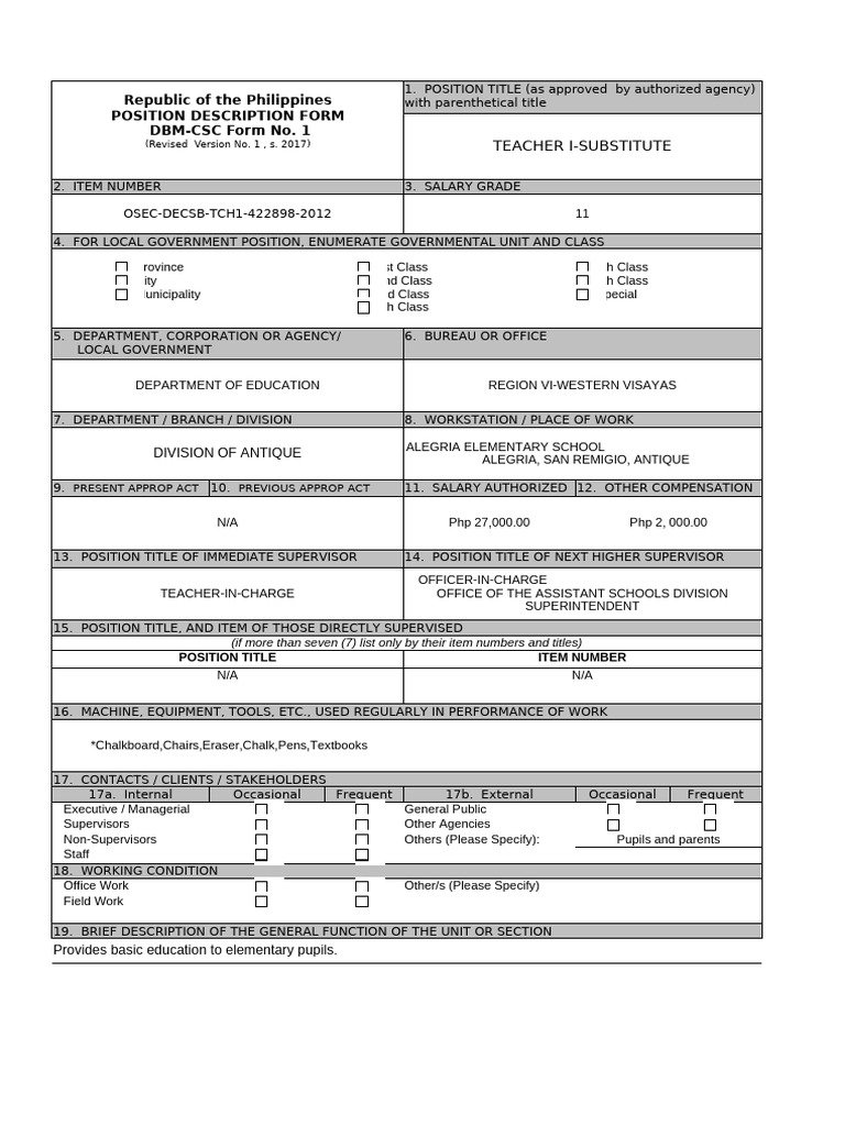 Teacher I Substitute Position Description | PDF | Teachers | Learning
