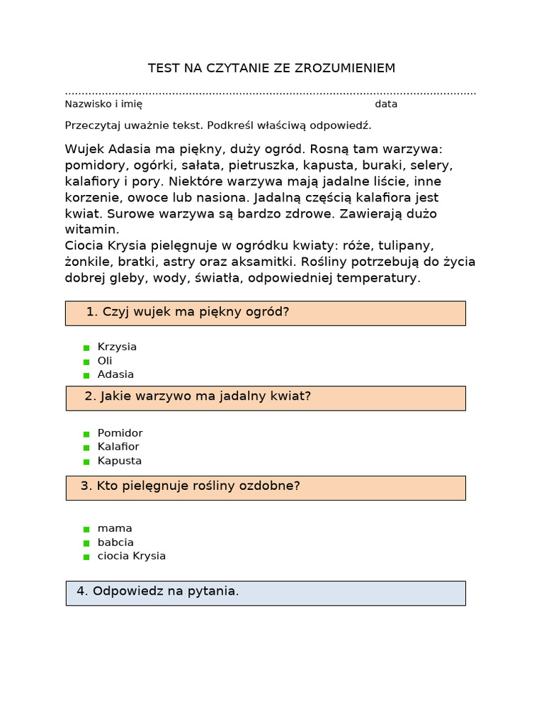 Test Na Czytanie Ze Zrozumieniem - W Ogrodzie | PDF