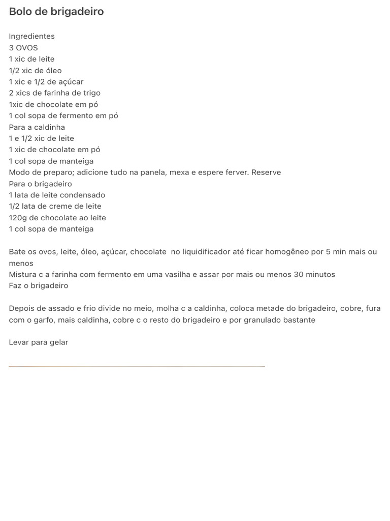 Receita de Bolo de Brigadeiro Delicioso | PDF
