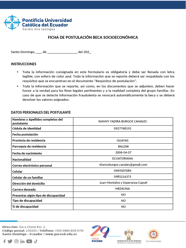 Beca Socioeconómica PUCE: Postulación 2023 | PDF | Ecuador