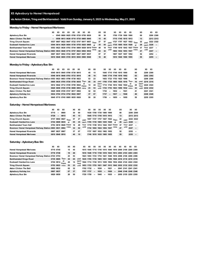 X5 Bus Timetable: Aylesbury to Hemel | PDF