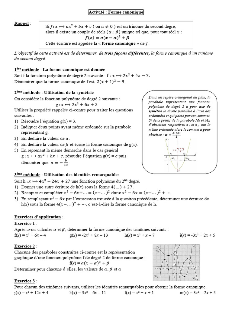 Forme canonique des trinômes du 2nd degré | PDF | Coordonnées ...