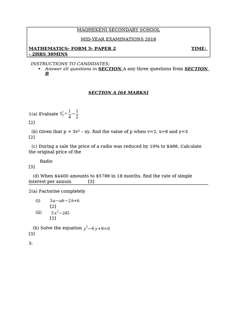MAQHEKENI Secondary School Math Exam 2016 | PDF