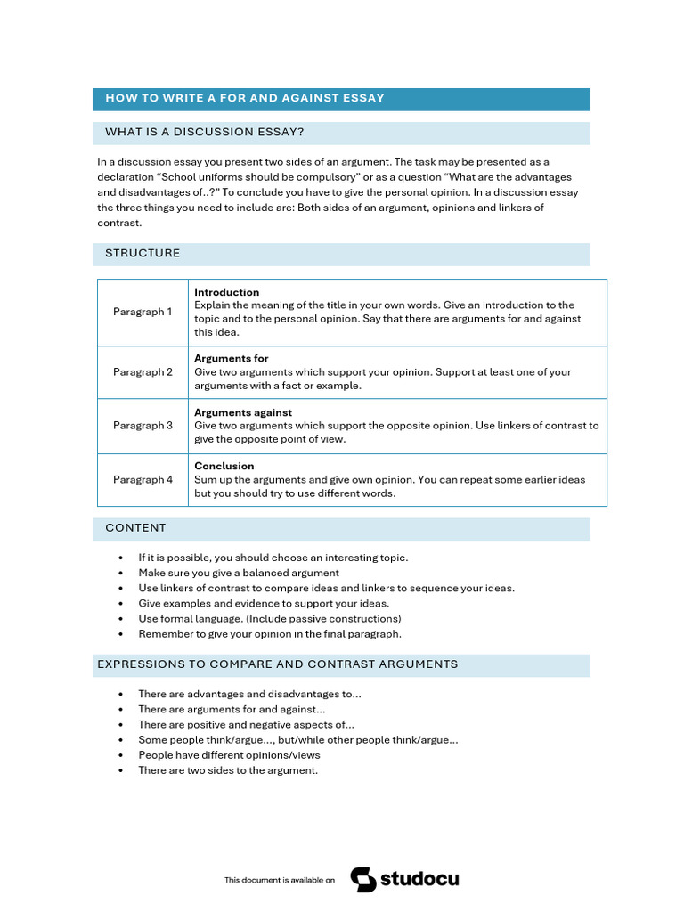 Eng. How To Write A For and Against Essay | PDF | Essays | Argument