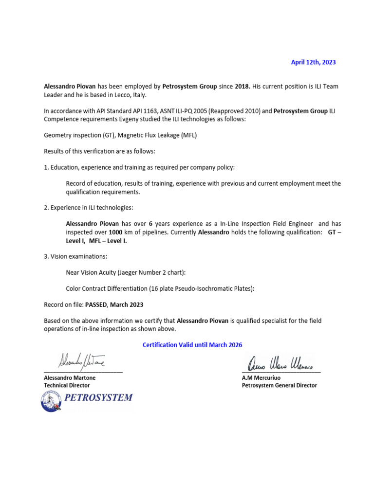 API 1163 Qualification for Alessandro Piovan | PDF
