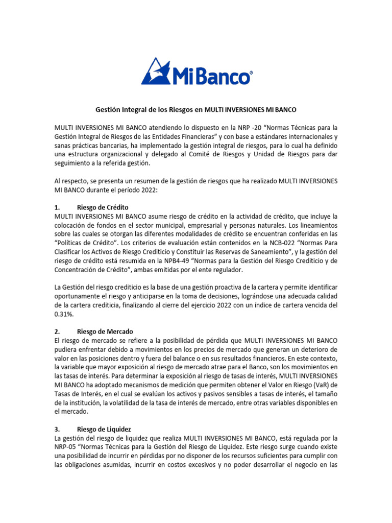 Gestión de Riesgos en MULTI INVERSIONES MI BANCO | PDF | Bancos ...