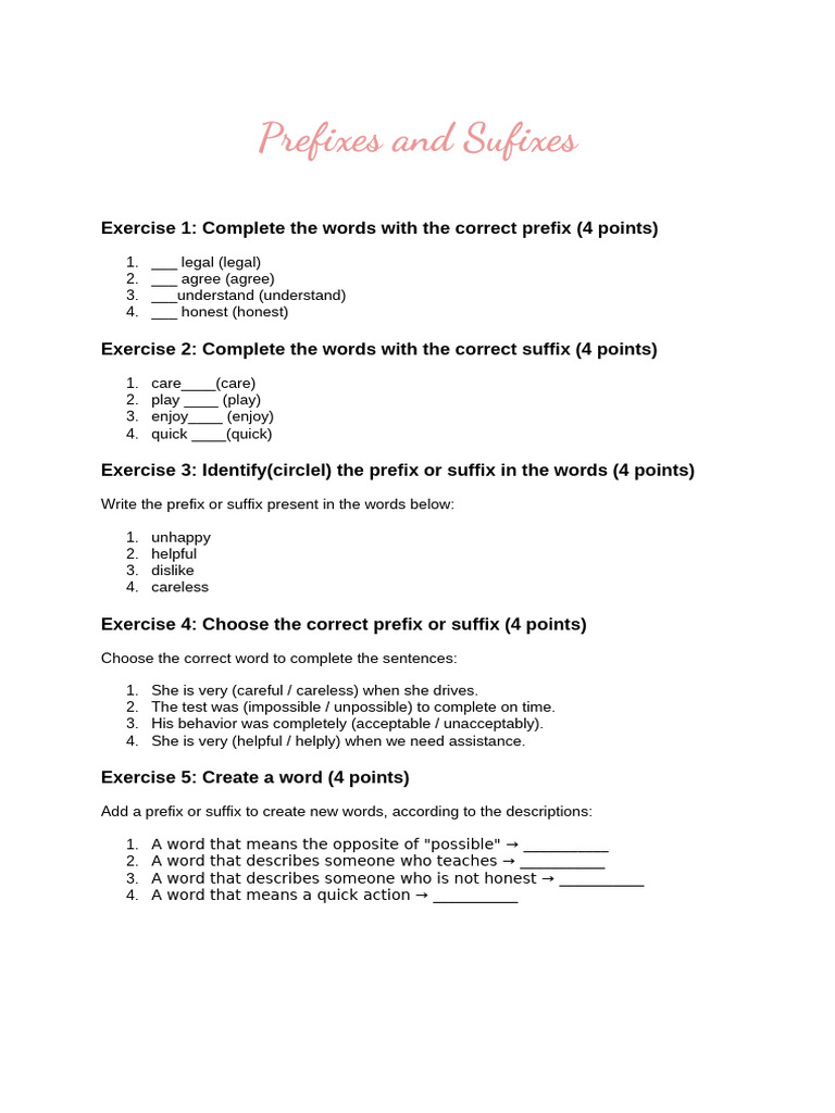 Prefixes and Suffixes Practice Exercises | PDF