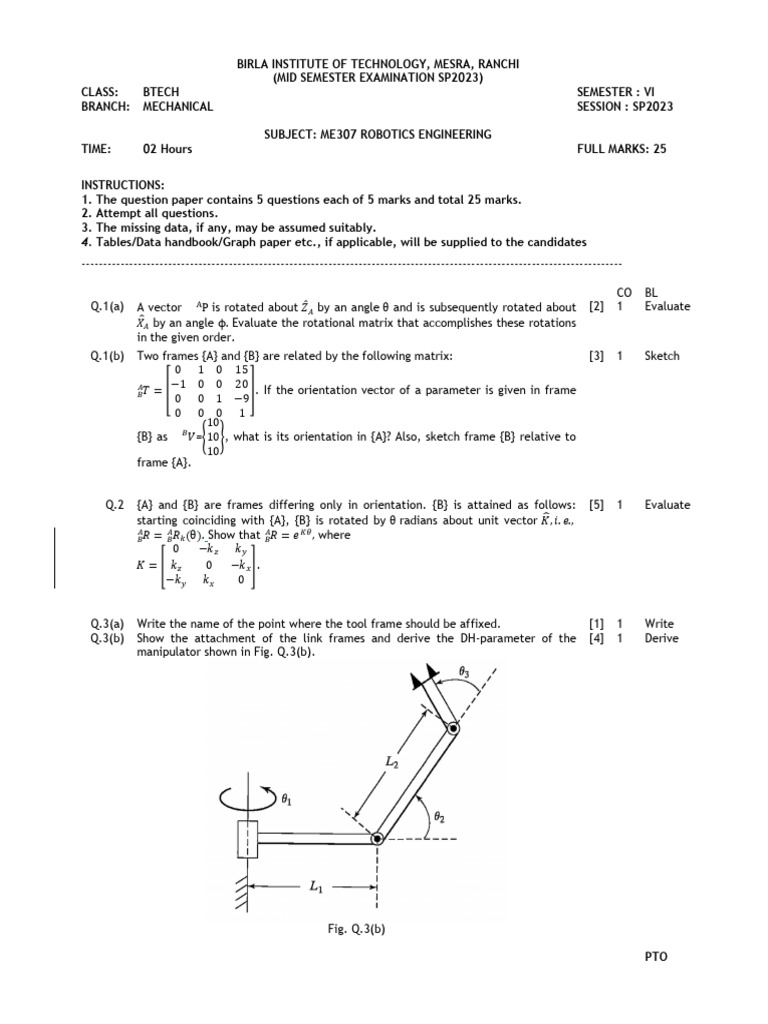 Robotics Engineering Midterm Exam 2023 | PDF | Angle | Linear Algebra
