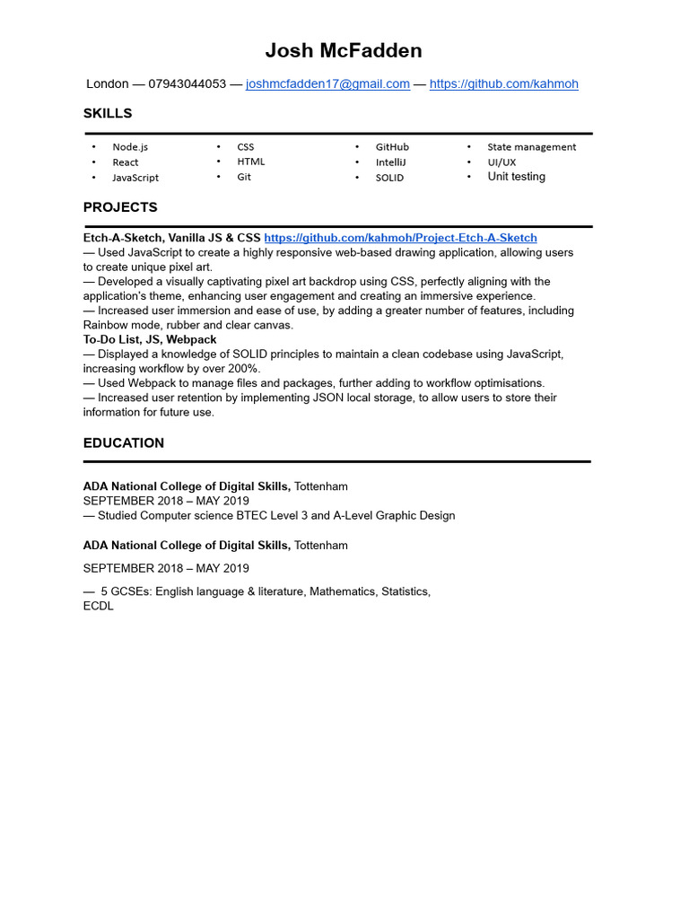 Josh McFadden: Web Developer Portfolio | PDF