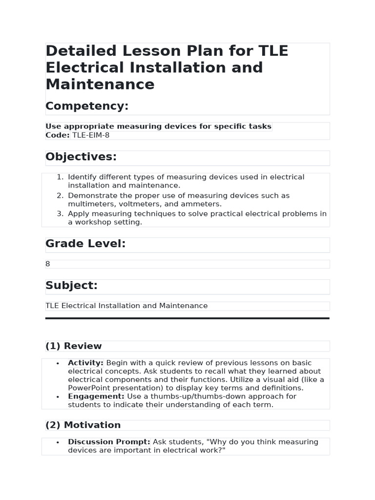 TLE Electrical Measurement Lesson Plan | PDF | Voltage | Electromagnetism