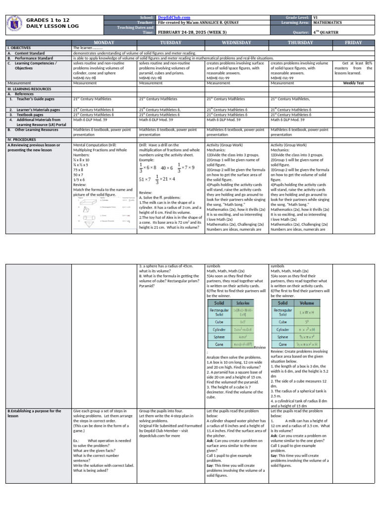 Grade 6 Math Daily Lesson Log | PDF | Volume | Sphere