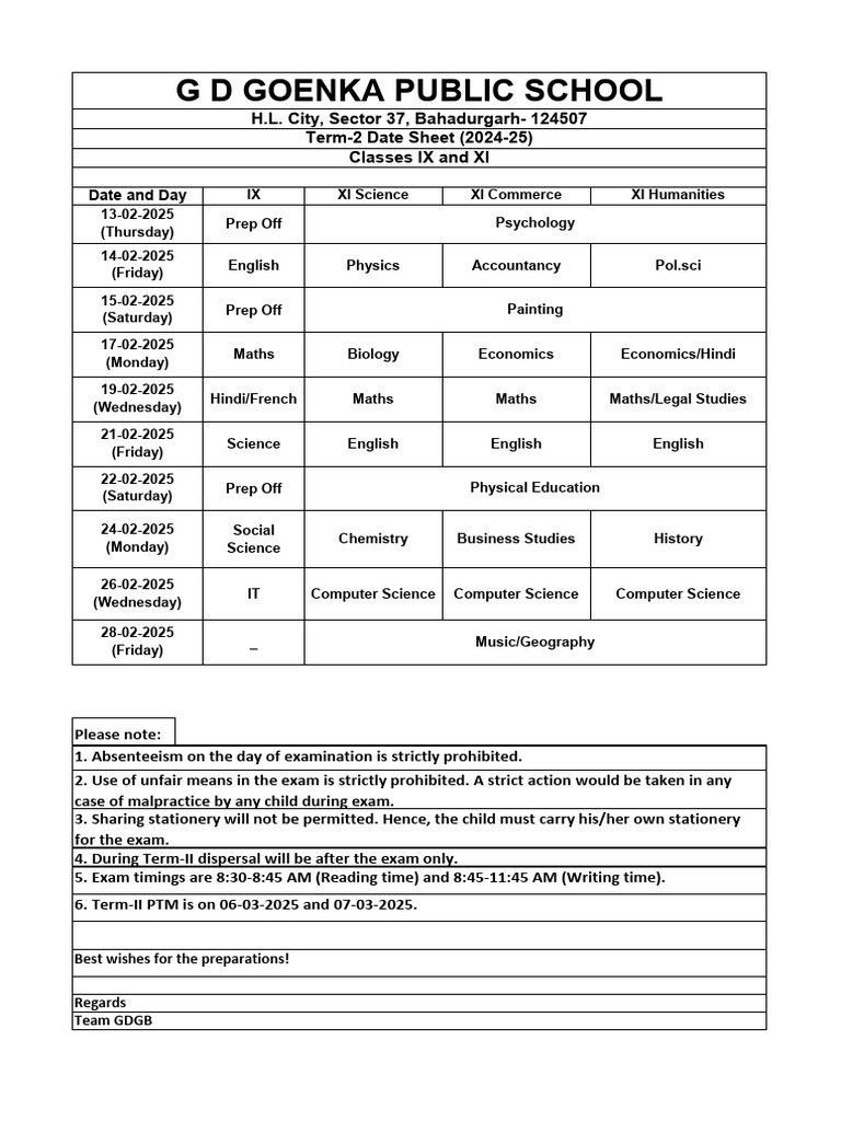 Class IX & XI Exam Schedule 2024-25 | PDF