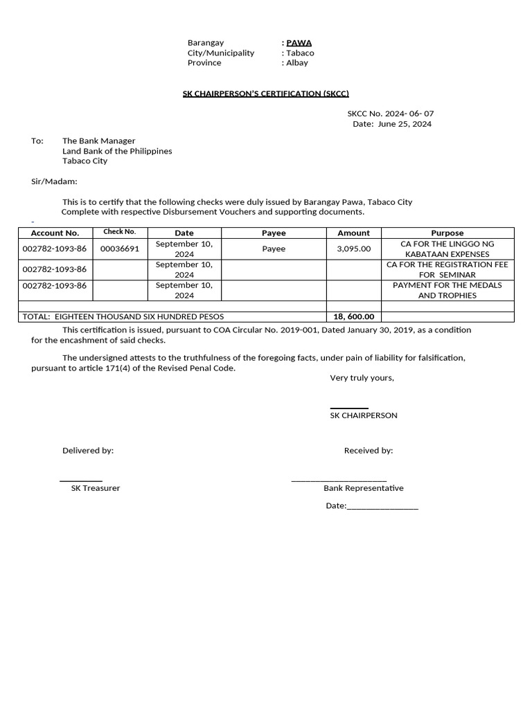 SKCC Certification for Barangay Pawa | PDF | Money | Payments