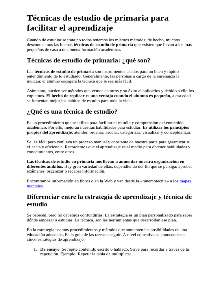 Técnicas de estudio de primaria para facilitar el aprendizaje | PDF ...