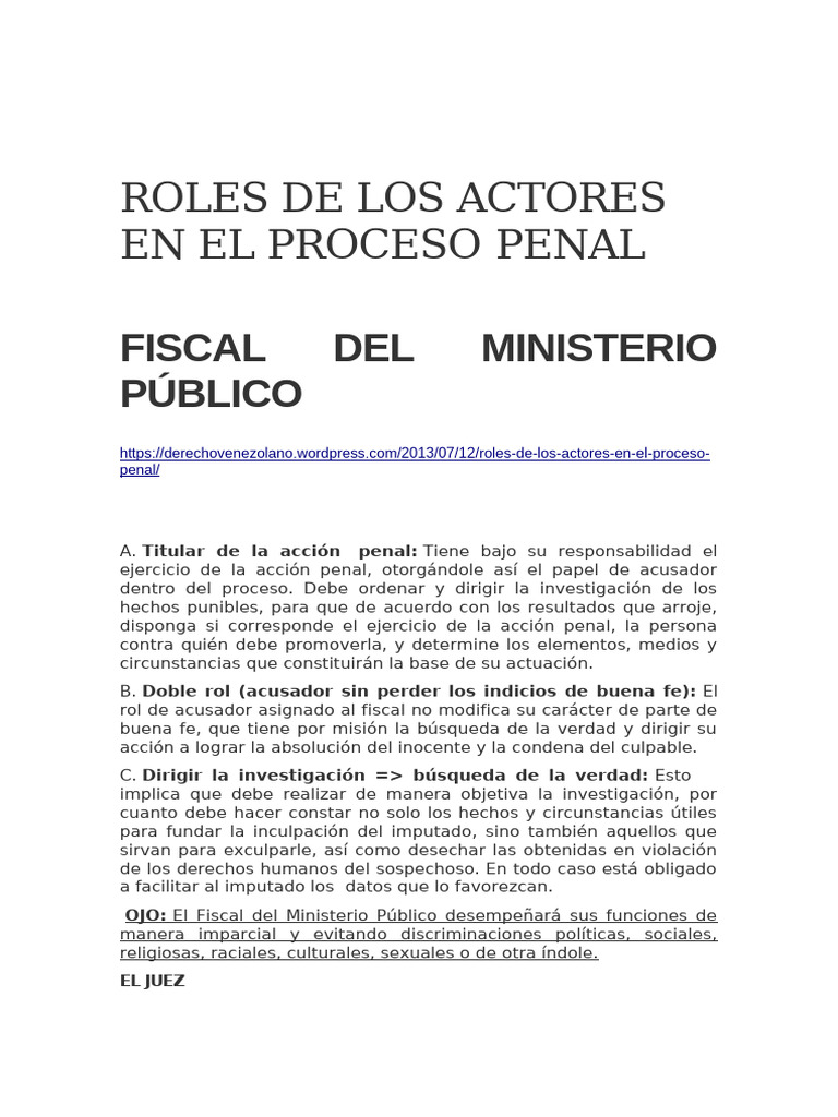 Roles de Los Actores en El Proceso | PDF | Queja | Fiscal