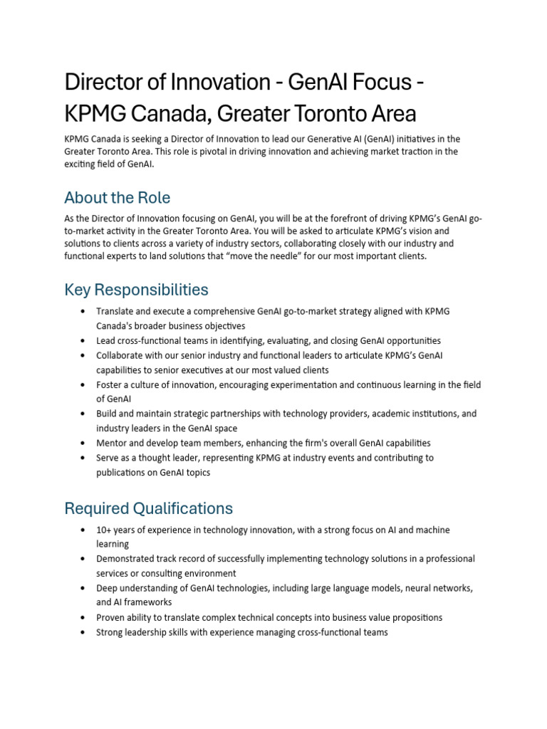 Director of Innovation - GenAI Focus - KPMG Canada, GTA | PDF ...