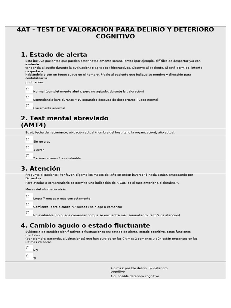Valoración delirio y deterioro cognitivo 4AT | PDF | Enfermedades y ...