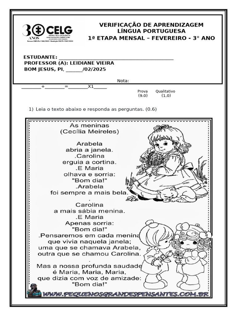 PROVA PORTUGUES 3 ANO | PDF | Linguística | Famílias linguísticas