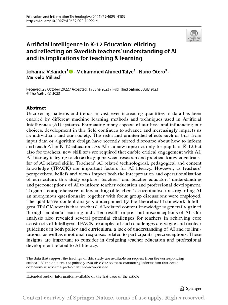 AI Literacy in K-12 Education: Swedish Insights | PDF | Artificial ...