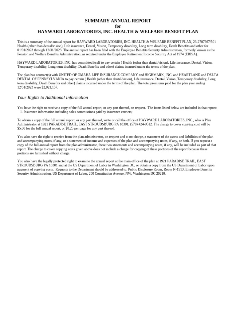 summary-annual-report-for-hayward-laboratories-inc-health-welfare