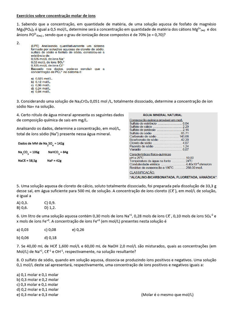Exercícios de Concentração Molar de Íons | PDF | Concentração | Sal ...