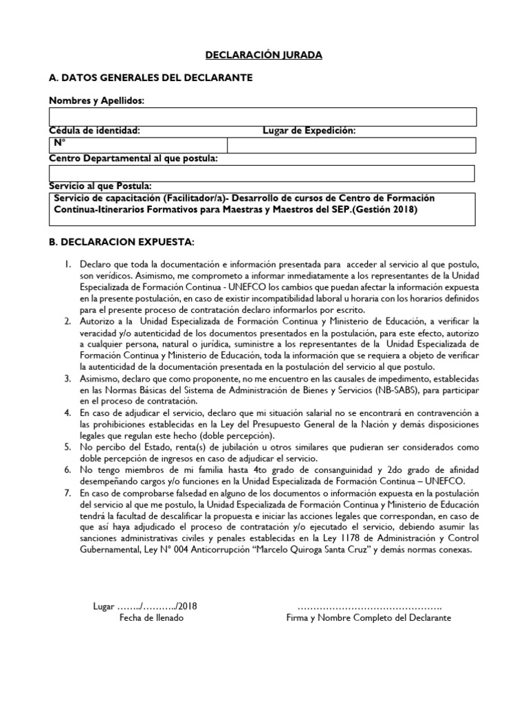 Declaración Jurada para Postulación de Servicio | PDF