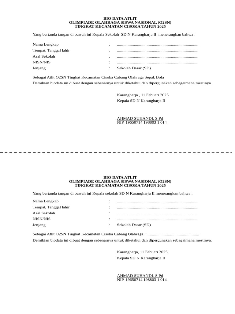 Biodata Atlet O2SN Cisoka 2025 | PDF