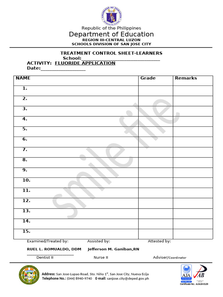 TREATMENT CONTROL SHEET Fluoride | PDF
