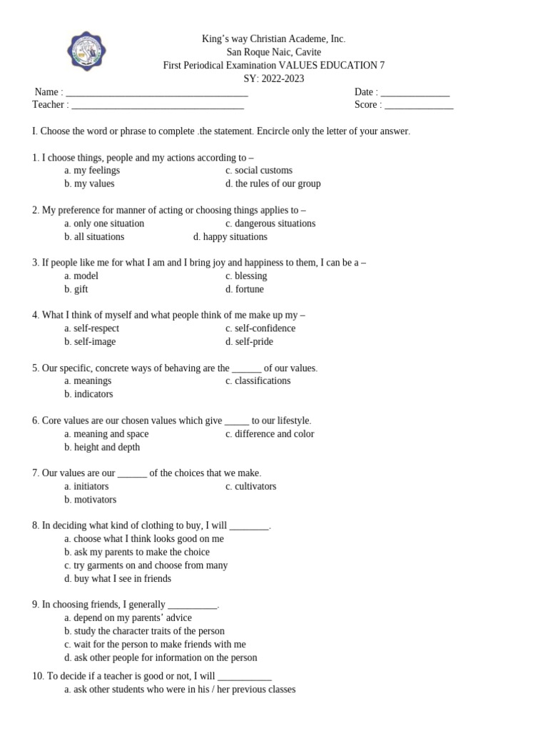 Values Education 7 Exam Guide | PDF | Psychology | Behavioural Sciences