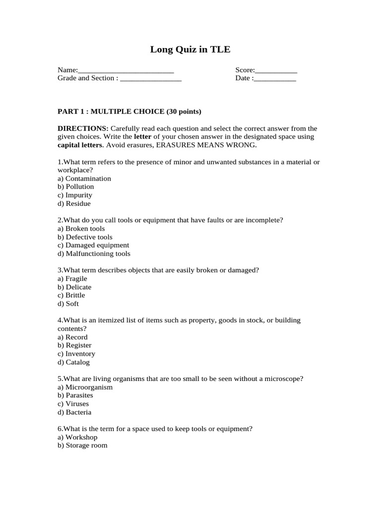 TLE Long Quiz: Safety and Tools | PDF | Hazards | Personal Protective ...