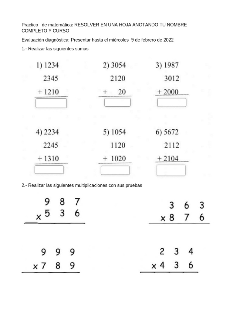 Práctica Matemática Diagnóstica | PDF