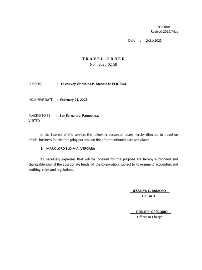 Travel Order for VP Melba Manalo | PDF