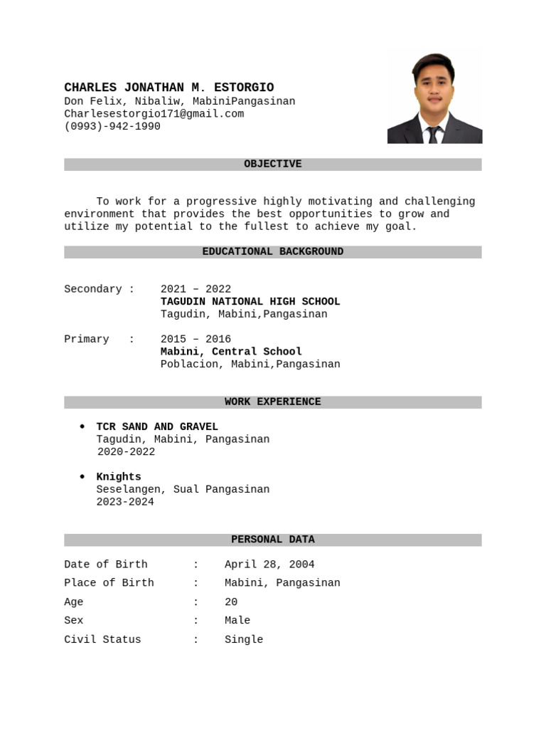 Resume of Charles Jonathan Estorgio | PDF