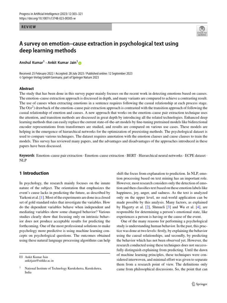 A Survey On Emotion Cause Extraction in Psychological Text Using Deep ...