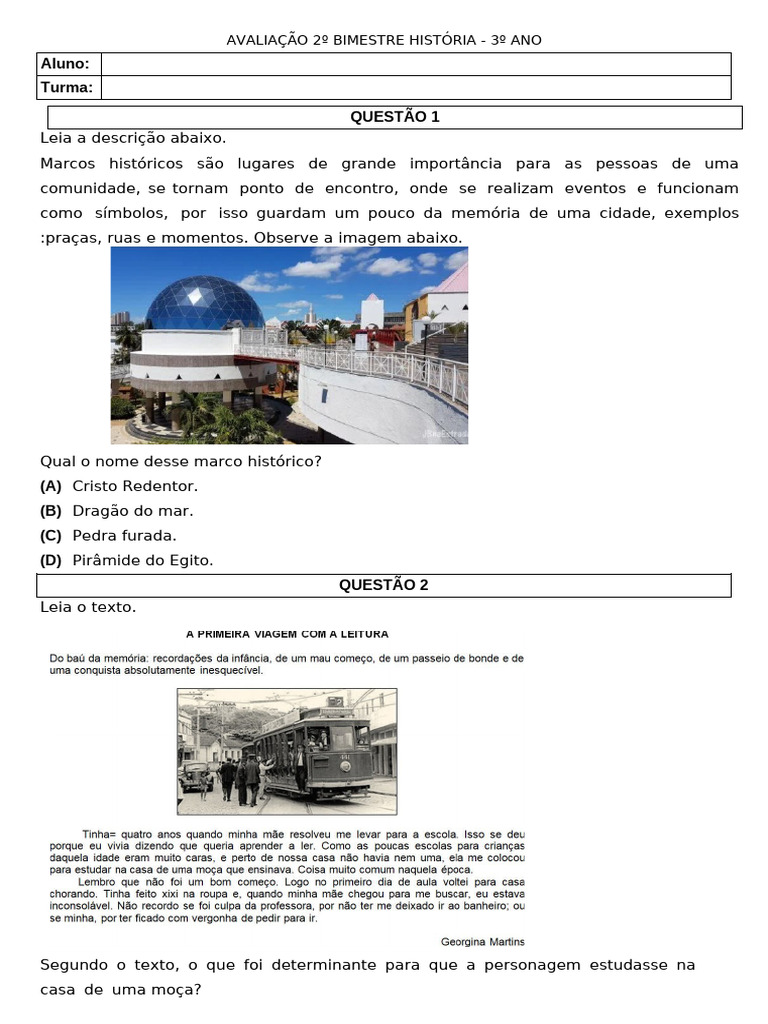 Avaliação de História: Marcos de Memória 3º Ano | PDF | Herança cultural