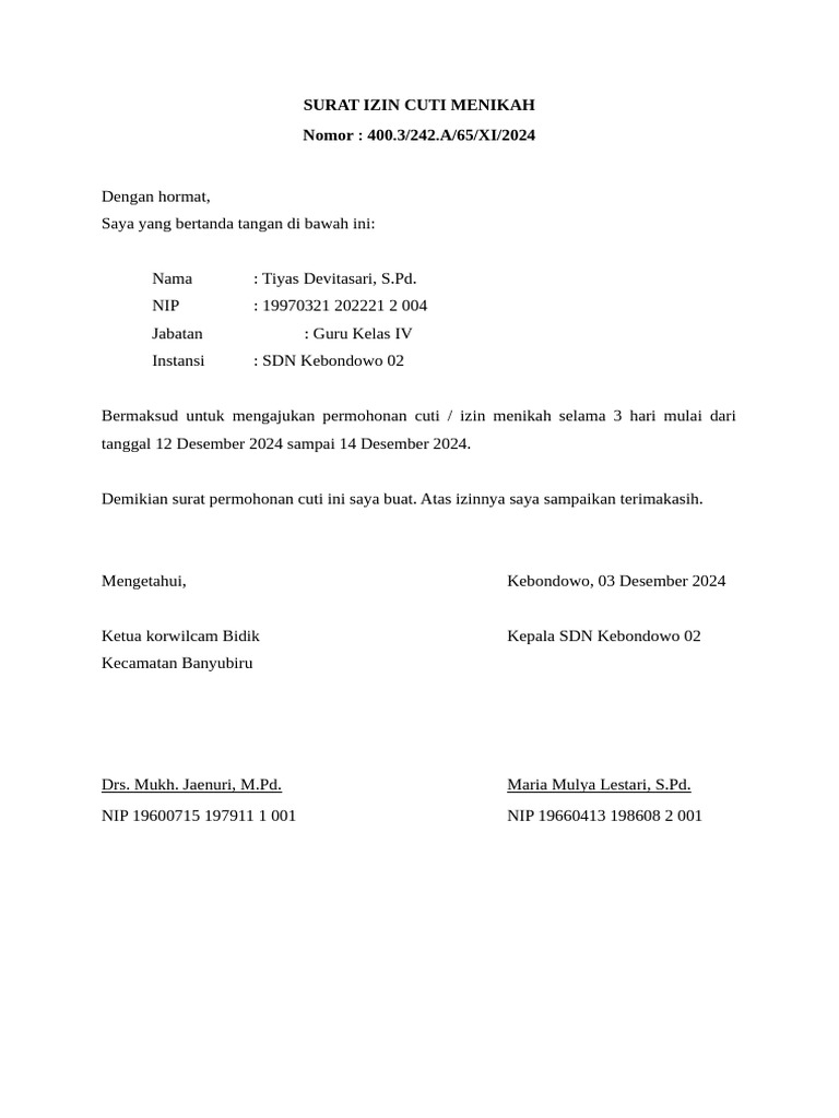 Surat Izin Cuti Menikah Guru SDN | PDF