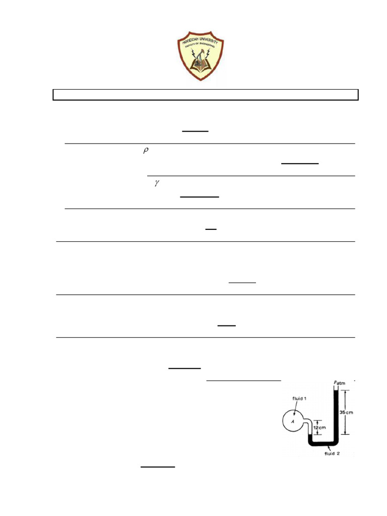 Fluid Mechanics Midterm Exam Questions | PDF | Pressure | Viscosity