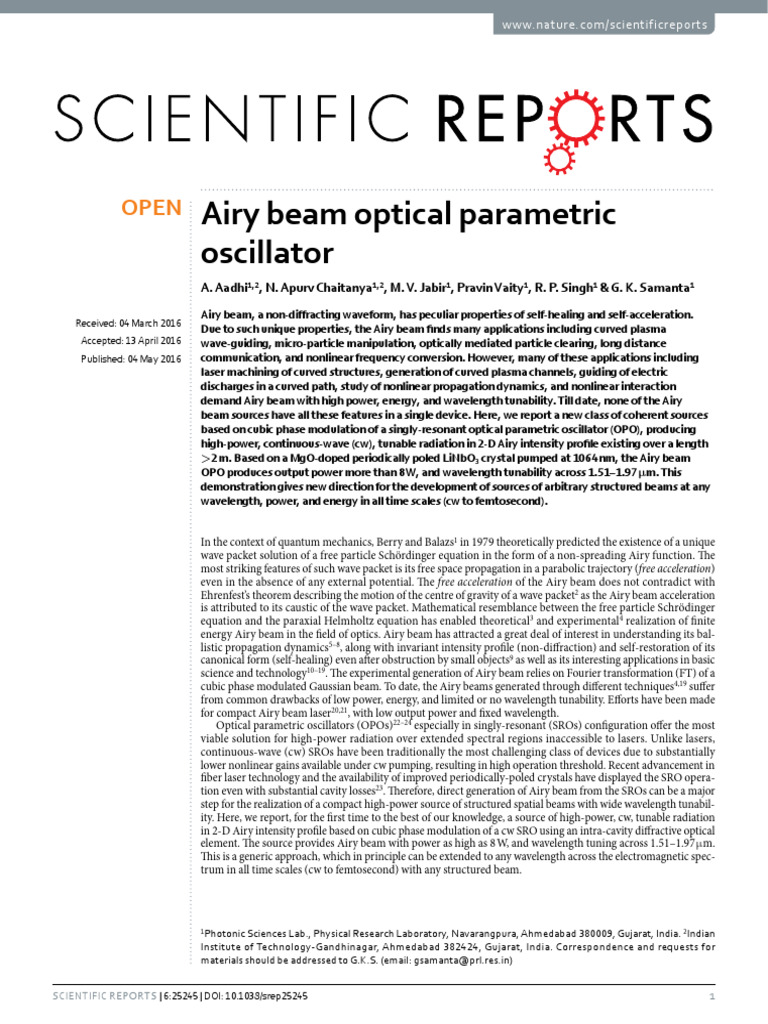 Airy Beam OPO | PDF | Nonlinear Optics | Diffraction