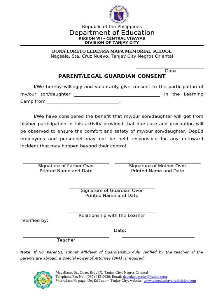 Parent Consent Form for Learning Camp | PDF