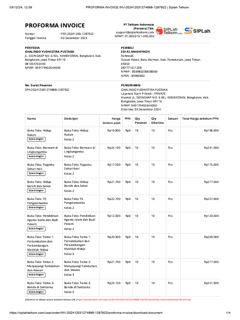 Proforma Invoice Inv-Sdi. Almaghfiroh | PDF