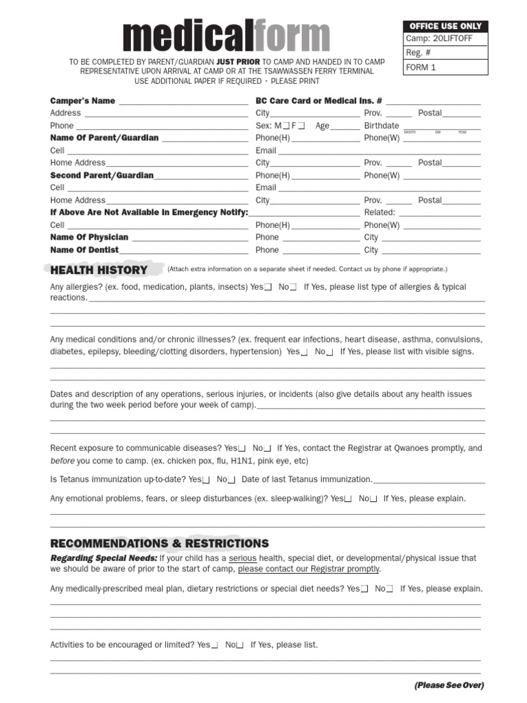 Camper Health and Emergency Form | PDF | Dose (Biochemistry) | Chemistry