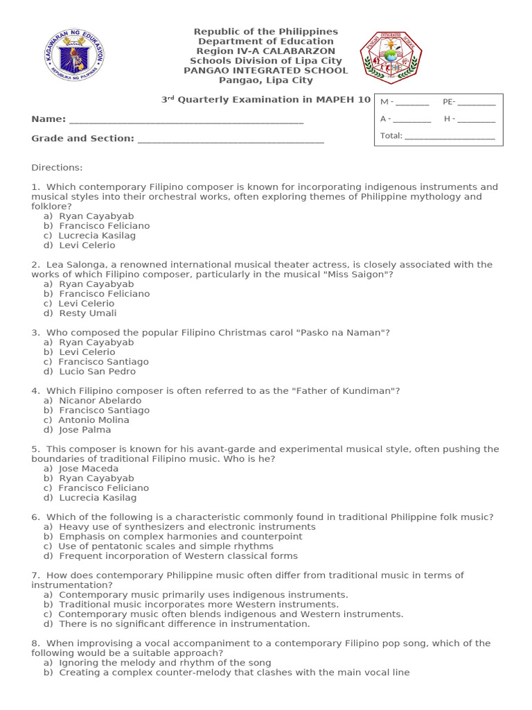 Mapeh 10 3rd Examination Print | PDF | Global Health | Cinematography