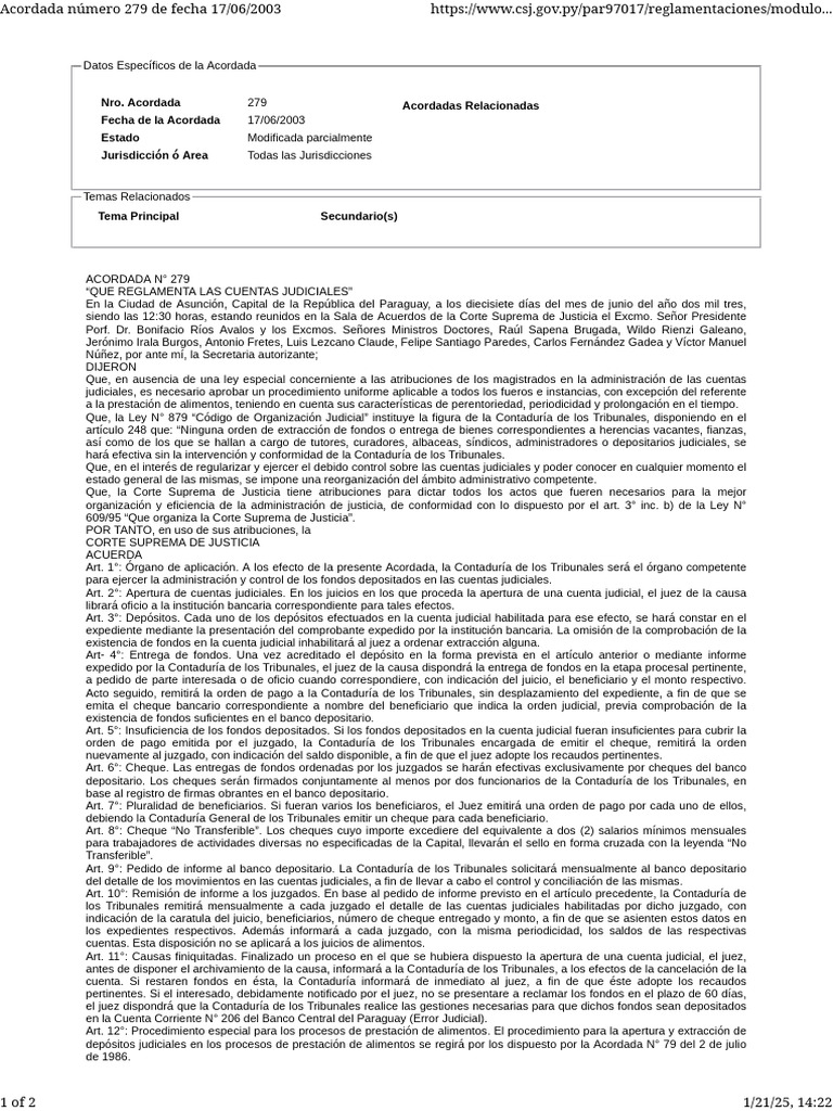 Acordada N° 279: Regulación Cuentas Judiciales | PDF | Judicaturas | Cheque