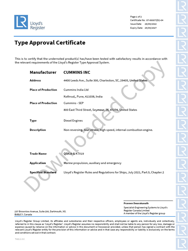 Type Approval for Cummins Diesel Engines | PDF | Legal Liability