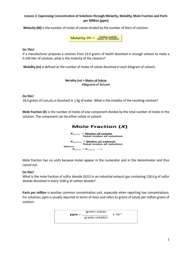 Concentration Terms: Molarity, Molality, Mole Fraction | PDF