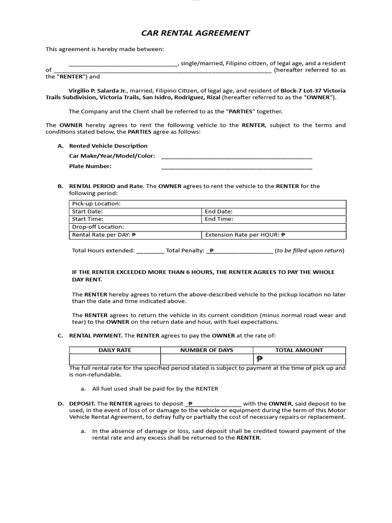 Car Rental Agreement Template | PDF | Renting | Fee
