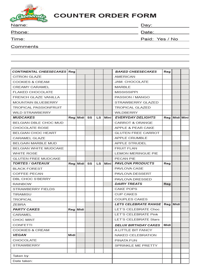Counter Order Form for Cakes & Desserts | PDF
