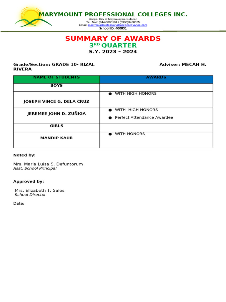 3rd Quarter Awards Summary 2023-2024 | PDF